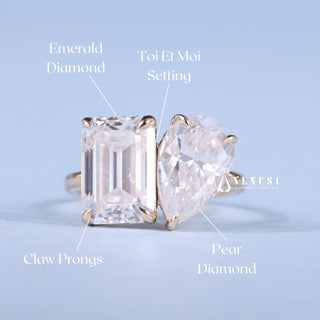 1.0CT Emerald & Pear Cut Moissanite Diamond Toi Et Moi Unique Engagement Ring