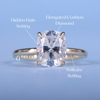 1.50CT Elongated Cushion Cut Moissanite Diamond Hidden Halo Solitaire Engagement Ring