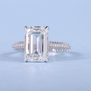 2.50CT Emerald Cut Moissanite Diamond Hidden Halo Three Side Pave Engagement Ring