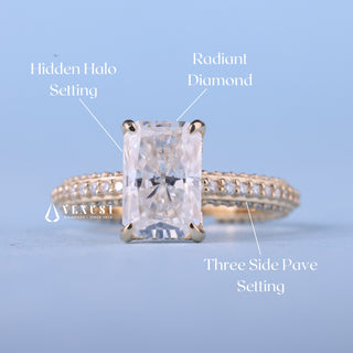 2.0CT Radiant Cut Moissanite Diamond Hidden Halo Three Side Pave Engagement Ring