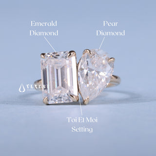 1.0CT Emerald & Pear Cut Moissanite Diamond Toi Et Moi Unique Engagement Ring