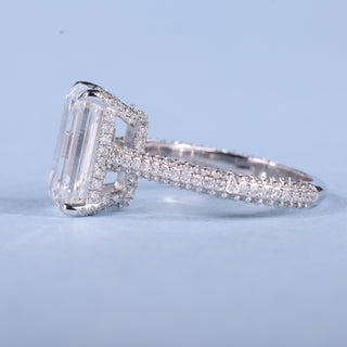 2.50CT Emerald Cut Moissanite Diamond Hidden Halo Three Side Pave Engagement Ring