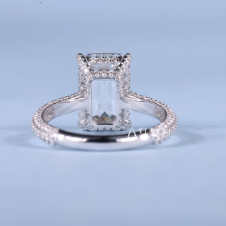 2.50CT Emerald Cut Moissanite Diamond Hidden Halo Three Side Pave Engagement Ring