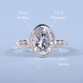 2.0CT Bezel Set Oval Moissanite Diamond Pave Engagement Ring