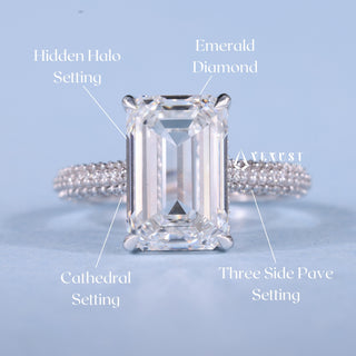 2.50CT Emerald Cut Moissanite Diamond Hidden Halo Three Side Pave Engagement Ring