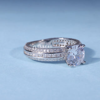 1.0CT Round Cut Moissanite Diamond Three Row Pave Engagement Ring
