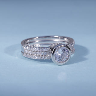 0.50CT Bezel Set Round Moissanite Diamond Three Row Pave Engagement Ring