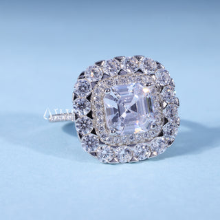 1.50CT Asscher Cut Moissanite Diamond Halo Cathedral Engagement Ring