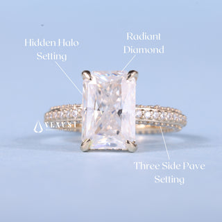 2.50CT Radiant Cut Moissanite Diamond Hidden Halo Three Side Pave Engagement Ring