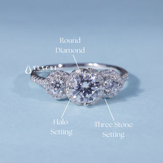 1.0CT Round Moissanite Diamond Halo Three Stone Engagement Rings