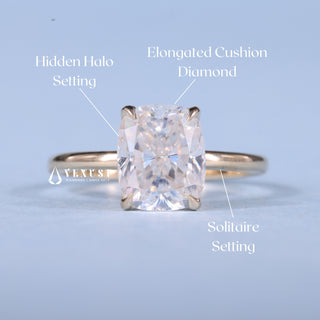 1.0CT Elongated Cushion Cut Moissanite Diamond Hidden Halo Solitaire Engagement Ring
