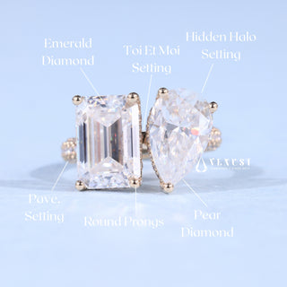 1.0CT Emerald & Pear Moissanite Diamond Hidden Halo Toi Et Moi Engagement Ring