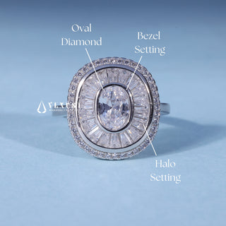 1.0CT Bezel Set Oval Cut Moissanite Diamond Halo Engagement Ring