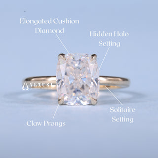 1.0CT Elongated Cushion Cut Moissanite Diamond Hidden Halo Solitaire Timeless Engagement Rings