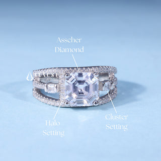 1.50CT Asscher Cut Moissanite Diamond Halo Cluster Engagement Ring