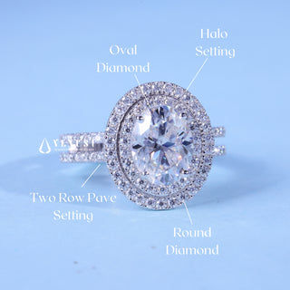 1.50CT Oval Moissanite Diamond Double Halo Two Row Pave Engagement Ring