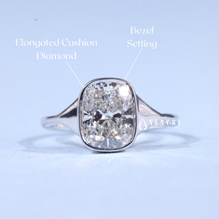 2.0CT Bezel Set Elongated Cushion Moissanite Diamond Solitaire Engagement Ring