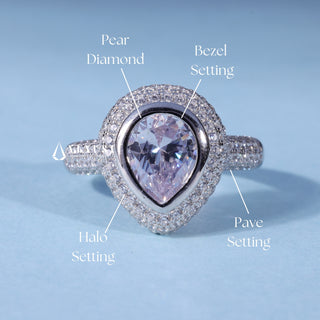 1.0CT Bezel Set Pear Moissanite Diamond Halo Pave Engagement Ring