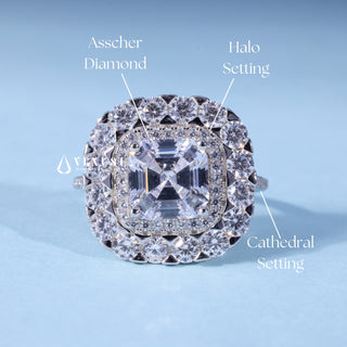 1.50CT Asscher Cut Moissanite Diamond Halo Cathedral Engagement Ring