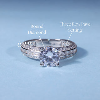 1.0CT Round Cut Moissanite Diamond Three Row Pave Engagement Ring