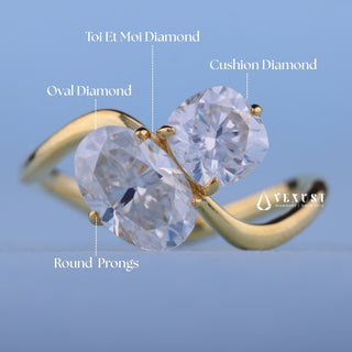 1.0CT Oval & 0.70CT Cushion Moissanite Diamond Toi Et Moi Engagement Ring