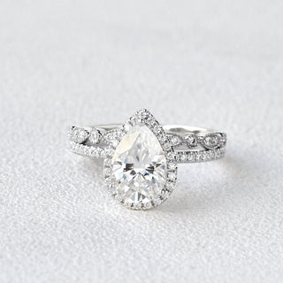 2.27tcw Pear Cut Moissanite Halo Engagement Ring with Vintage Style Wedding Band