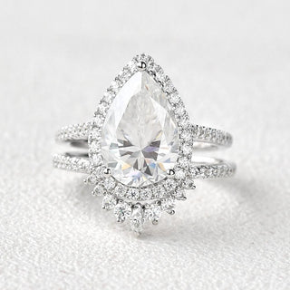 4.25tcw Pear Cut Moissanite Halo Engagement Ring with Curved Stacking Band