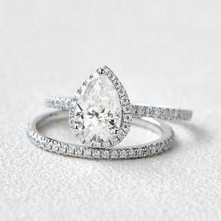 1.88tcw Pear Cut Moissanite Diamond Halo Engagement Ring Bridal Set