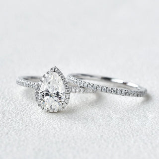 1.88tcw Pear Cut Moissanite Diamond Halo Engagement Ring Bridal Set