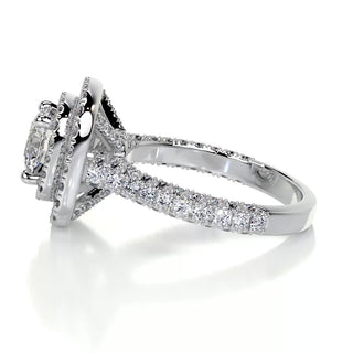 1.0ct Round Cut Double Halo 3 Side Pave Moissanite Diamond Engagement Ring