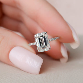 3.0CT Emerald Cut Moissanite Hidden Halo Diamond Engagement Ring