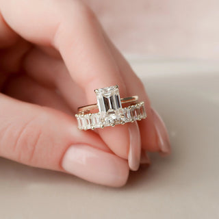 5.57tcw Emerald Cut Moissanite Solitaire Hidden Halo Bridal Engagement Ring Set