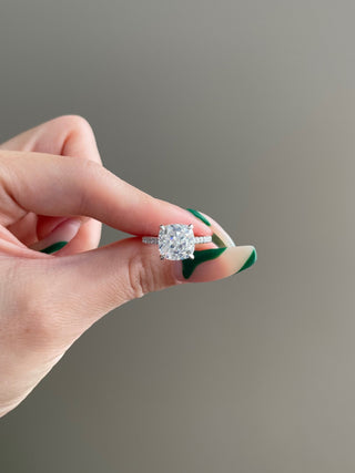 4.0ct Cushion Cut Hidden Halo Pave Moissanite Diamond Engagement Ring