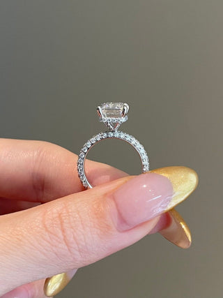 4.0ct Emerald Cut Hidden Halo 3 Side Pave Moissanite Diamond Engagement Ring