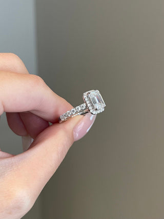 2.0ct Emerald Cut Halo Pave Moissanite Diamond Engagement Ring