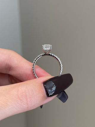 3.0ct Elongated Emerald Hidden Halo Pave Moissanite Diamond Engagement Ring